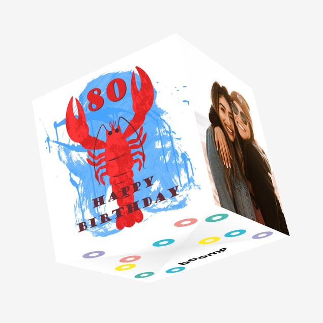 Happy 80th Birthday Red Lobster In Blue Confetti-exploding Greetings Card