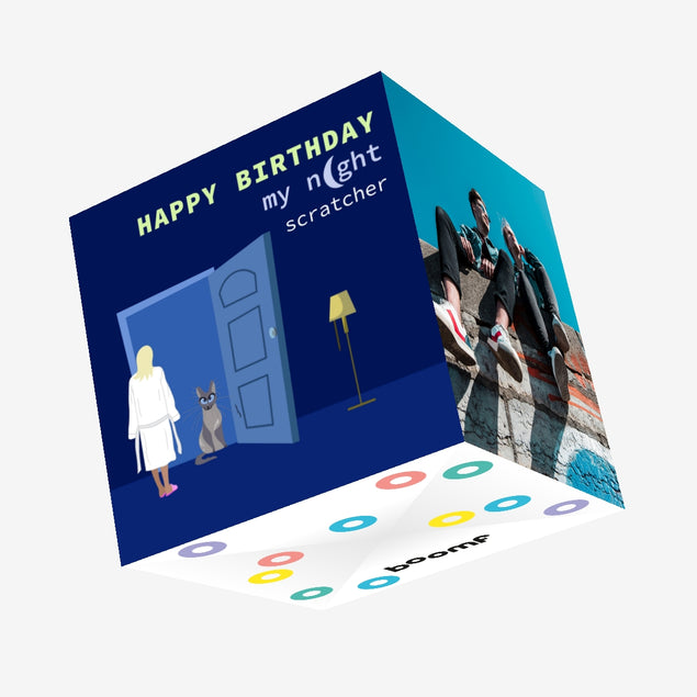 Happy Birthday My Night Scrathcher Grey Cat Confetti-exploding Greetings Card