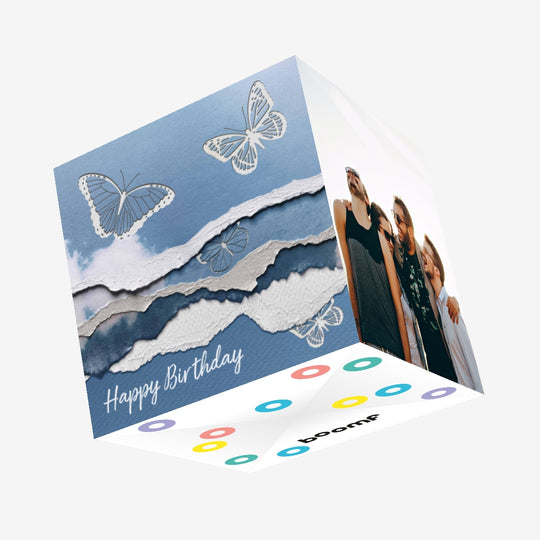 Torn Paper Blue Butterfly Birthday Confetti-exploding Greetings Card