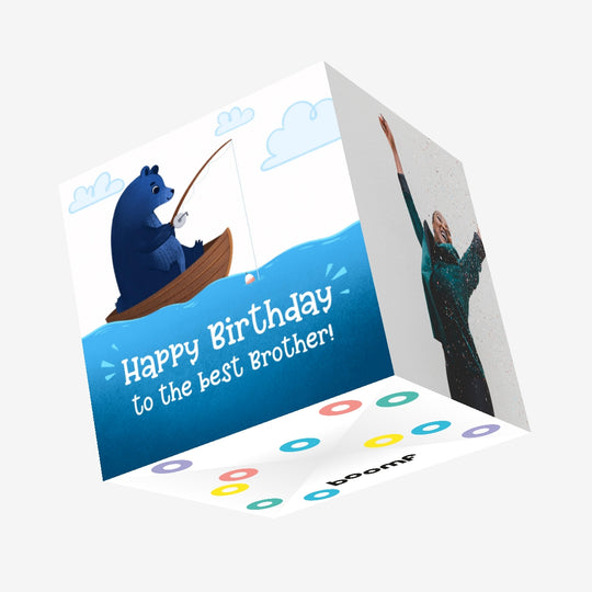 Blue Bear Fishing Happy Birthday Brother Confetti-exploding Greetings Card
