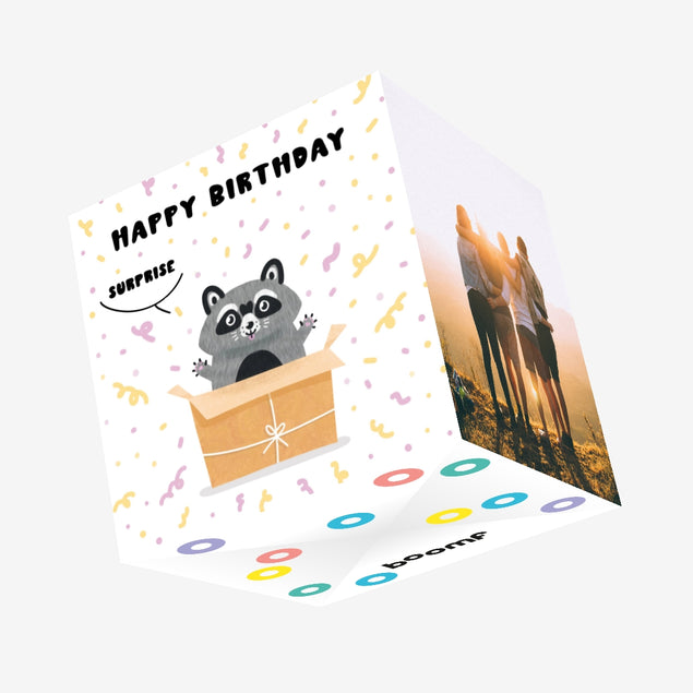 Happy Birthday Surprise Racoon Confetti-exploding Greetings Card