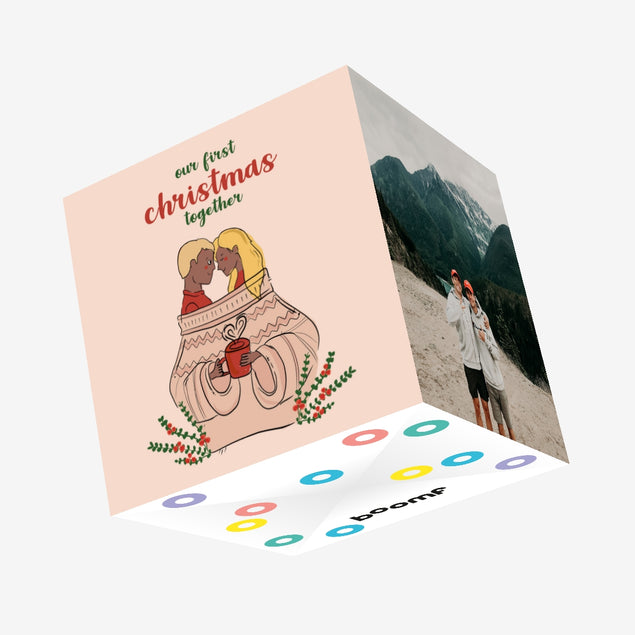 Merry First Christmas Cute Couple Wearing One Sweater Confetti-exploding Greetings Card