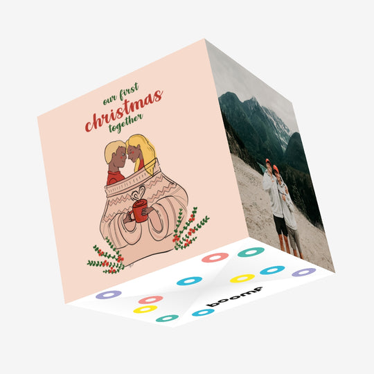 Merry First Christmas Cute Couple Wearing One Sweater Confetti-exploding Greetings Card