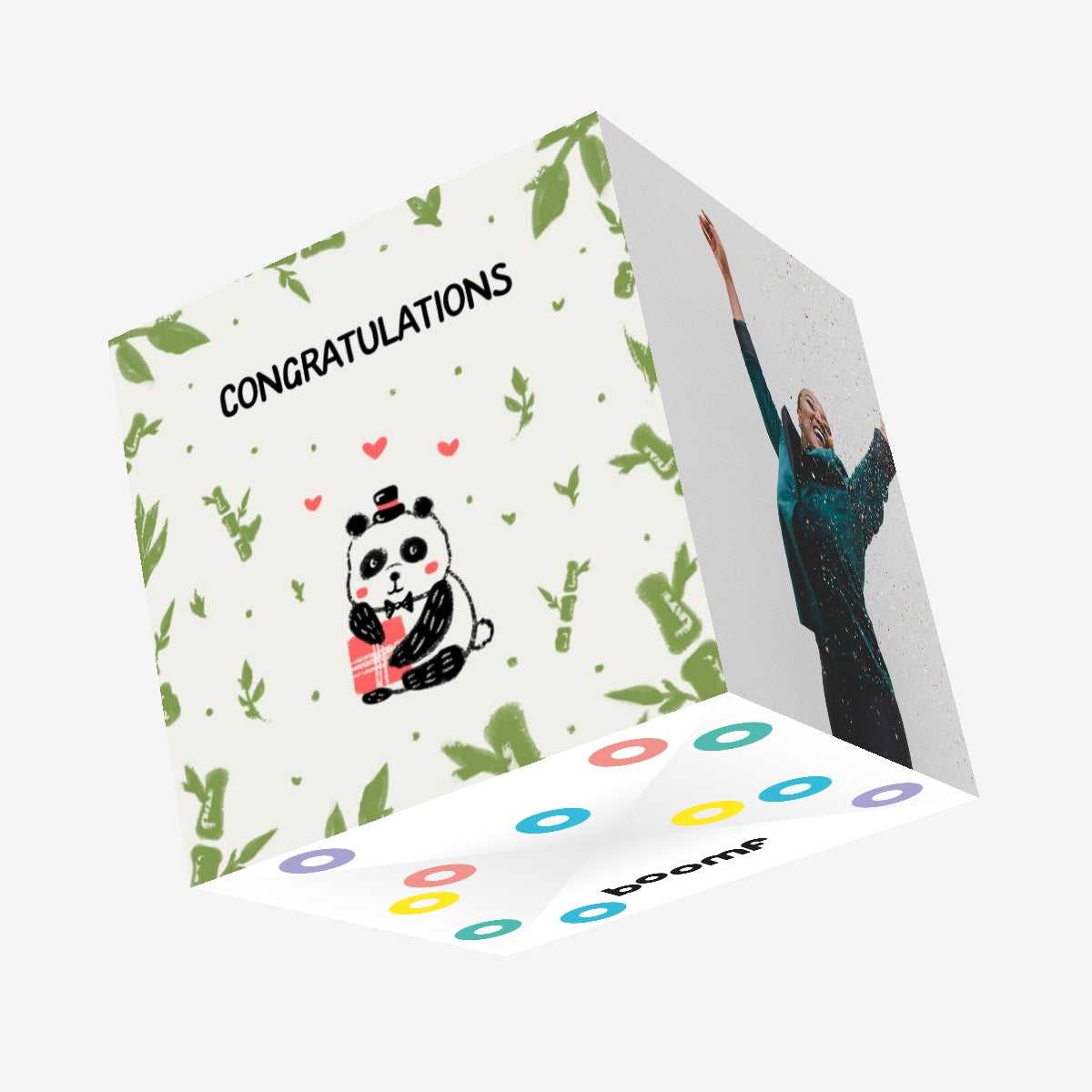 Cute Little Panda With A Gift Congratulations Confetti-exploding Greet ...