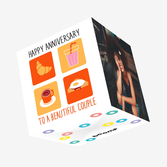 Happy Anniversary Beautiful Couple Delicious Food Confetti-exploding Greetings Card
