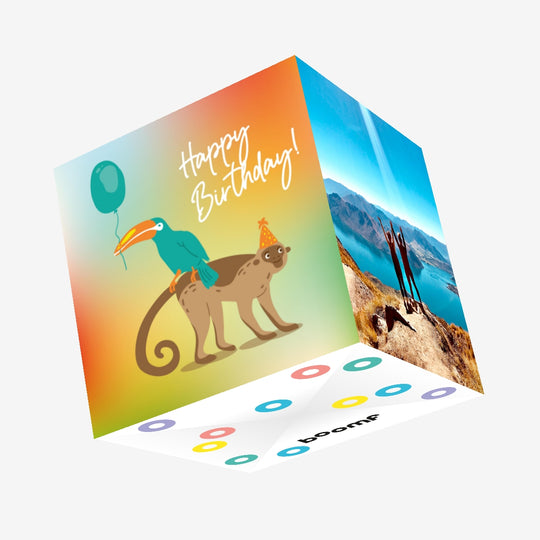 Monkey With Green Toucan Happy Birthday Confetti-exploding Greetings Card