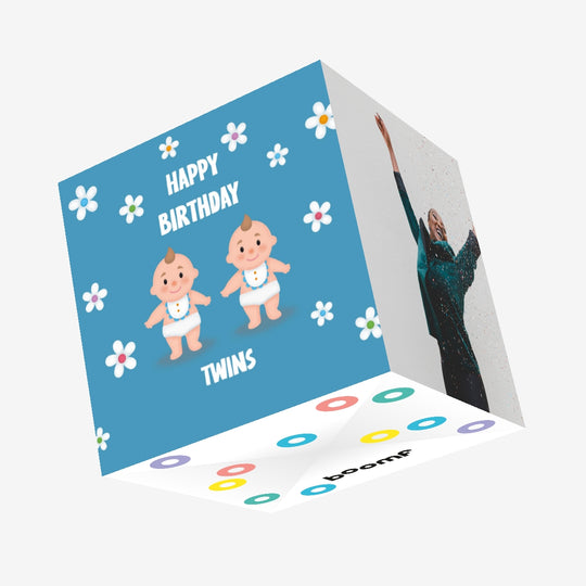 Flowers Boys In Blue Happy Birthday Twins Confetti-exploding Greetings Card