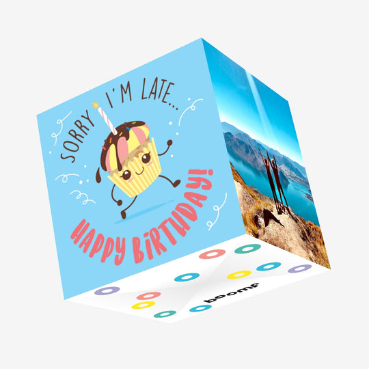 Sorry I Am Late Happy Birthday Cute Cake In Blue Confetti-exploding Greetings Card