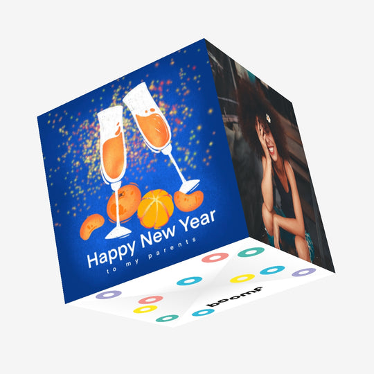 Happy New Year To My Parents Champagne With Oranges Confetti-exploding Greetings Card