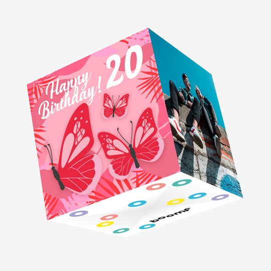 Tropical Pink Butterfly 20th Birthday Confetti-exploding Greetings Card