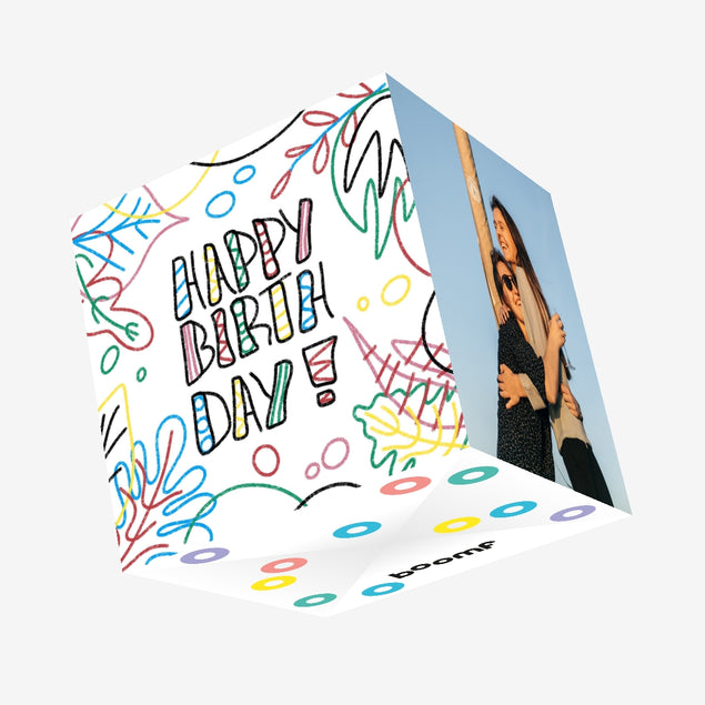 Happy Birthday Crayon Tropical Leaves Confetti-exploding Greetings Card