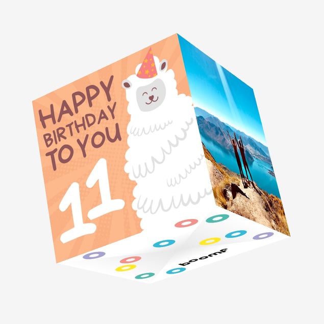 Cute Smiling Alpaca Happy 11th Birthday Confetti-exploding Greetings Card
