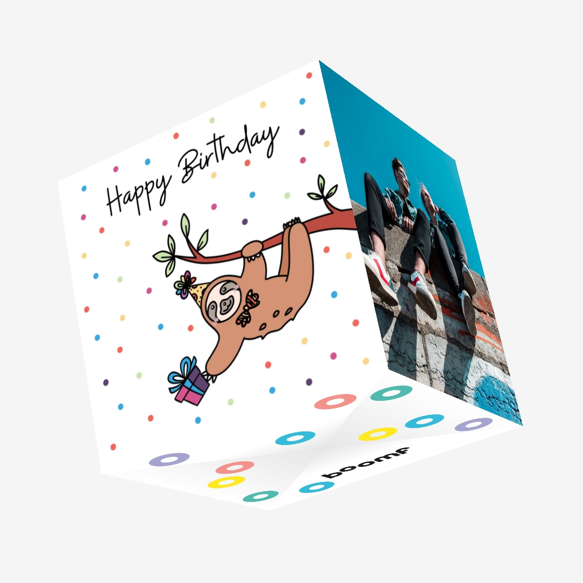 Happy Birthday Sloth With A Gift Hanging On A Tree Confetti-exploding ...