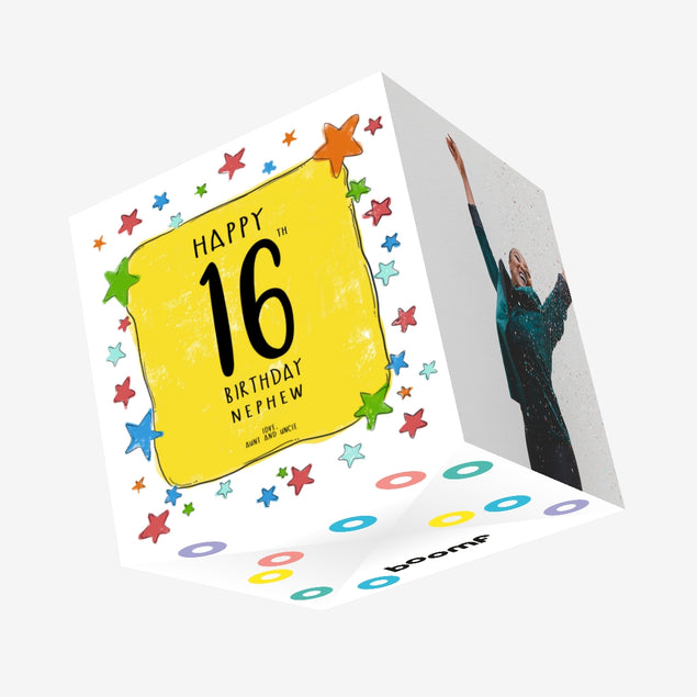 Colorful Stars Happy 16th Birthday Nephew Confetti-exploding Greetings Card