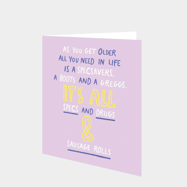 Specs, Drugs and Sausage Rolls Card