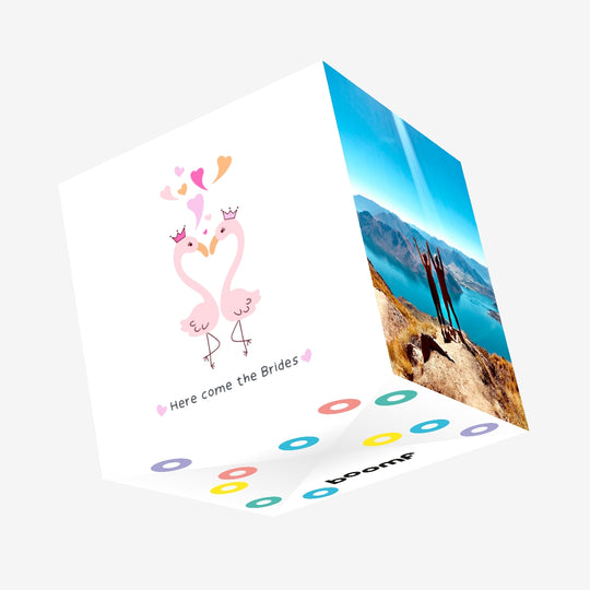 Here Come The Brides Cute Flamingo Couple Wedding Confetti-exploding Greetings Card