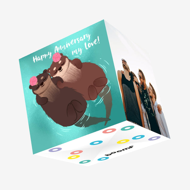 Happy Anniversary Otter Couple With Flowers Confetti-exploding Greetings Card