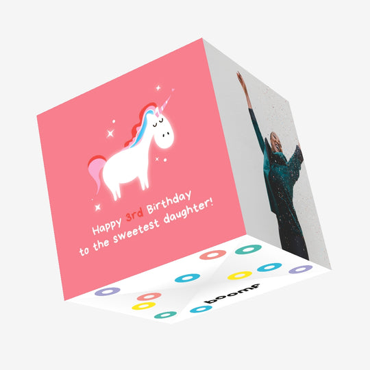 Cute Unicorn In Pink Happy 3rd Birthday Daughter Confetti-exploding Greetings Card