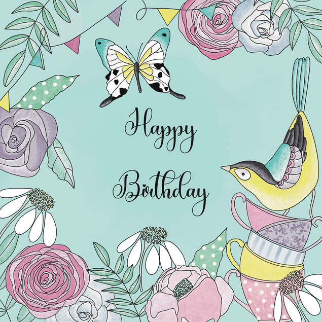 Pretty happy birthday flowers and bird greeting card - 1