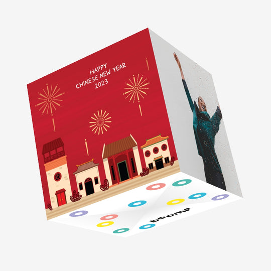 Happy Chinese New Year Fireworks Confetti-exploding Greetings Card