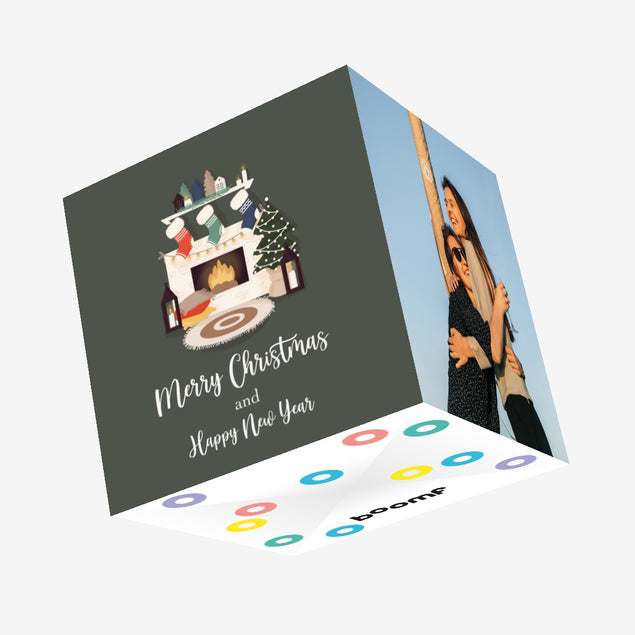 Merry Christmas And Happy New Year Comfy Fireplace Confetti-exploding Greetings Card