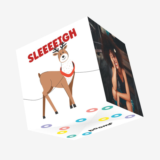 Funny LGBTQ+ reindeer sleeeeigh Christmas card Confetti-exploding Greetings Card