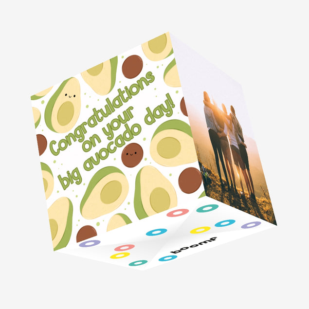 Congratulations On Your Big Avocado Day White Background Confetti-exploding Greetings Card