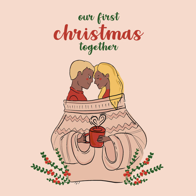 Merry First Christmas Cute Couple Wearing One Sweater Confetti-exploding Greetings Card