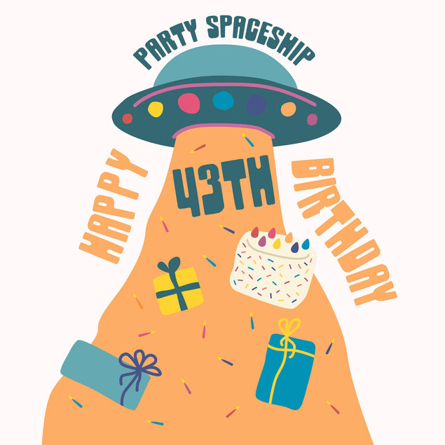 Party Spaceship Happy 43th Birthday Confetti-exploding Greetings Card