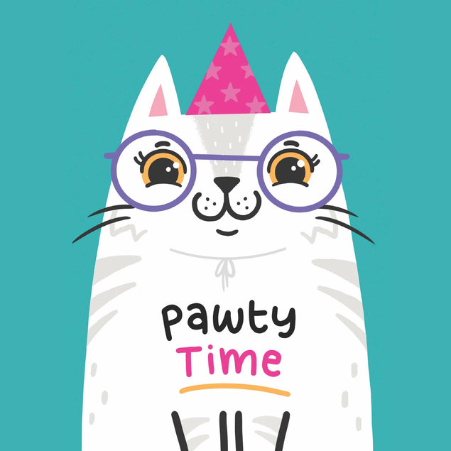 Pawty Time White Cat Confetti-exploding Greetings Card