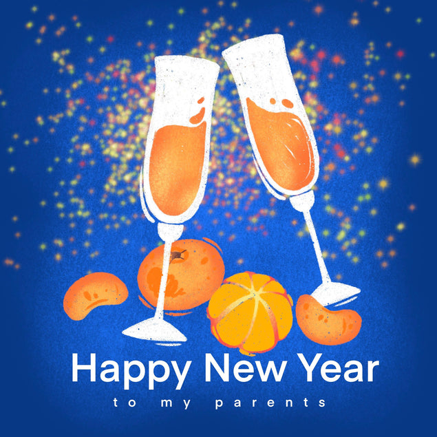 Happy New Year To My Parents Champagne With Oranges Confetti-exploding Greetings Card