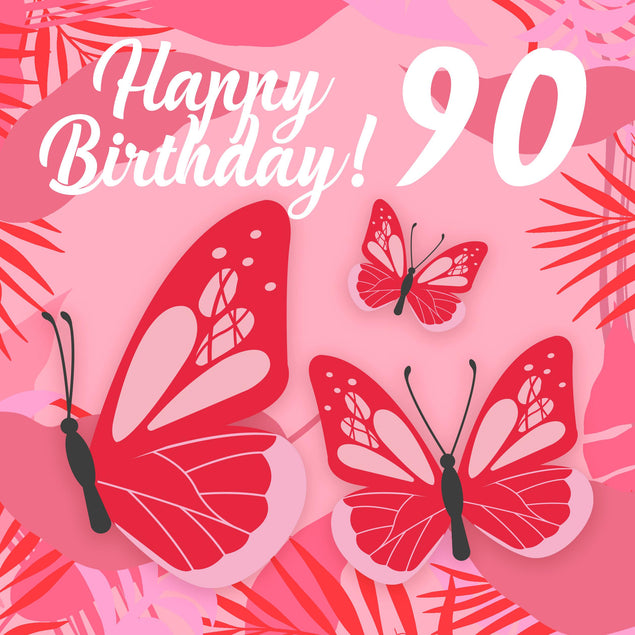 Tropical Pink Butterfly 90th Birthday Confetti-exploding Greetings Card