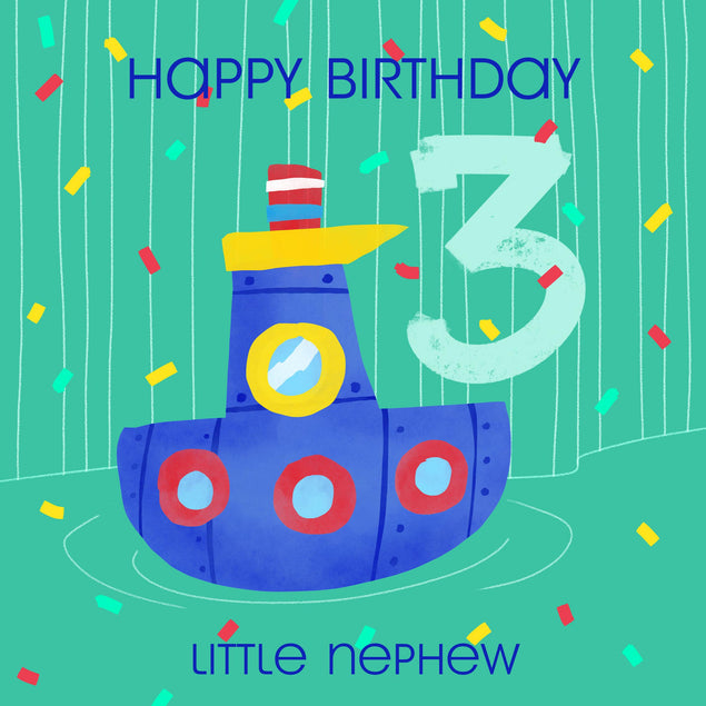 Cute Little Boat Happy 3rd Birthday Nephew Confetti-exploding Greetings Card