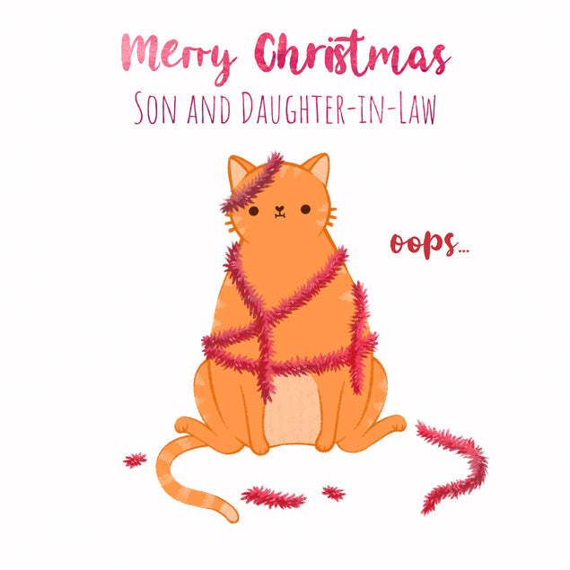 Merry Christmas Son And Daughter-in-law Cat With Tinsel Confetti-exploding Greetings Card