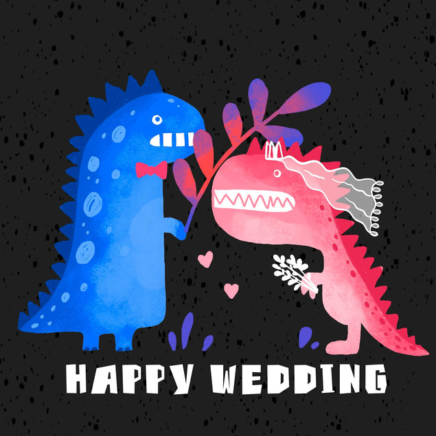 Happy Wedding Blue And Pink Dinosaurs Confetti-exploding Greetings Card