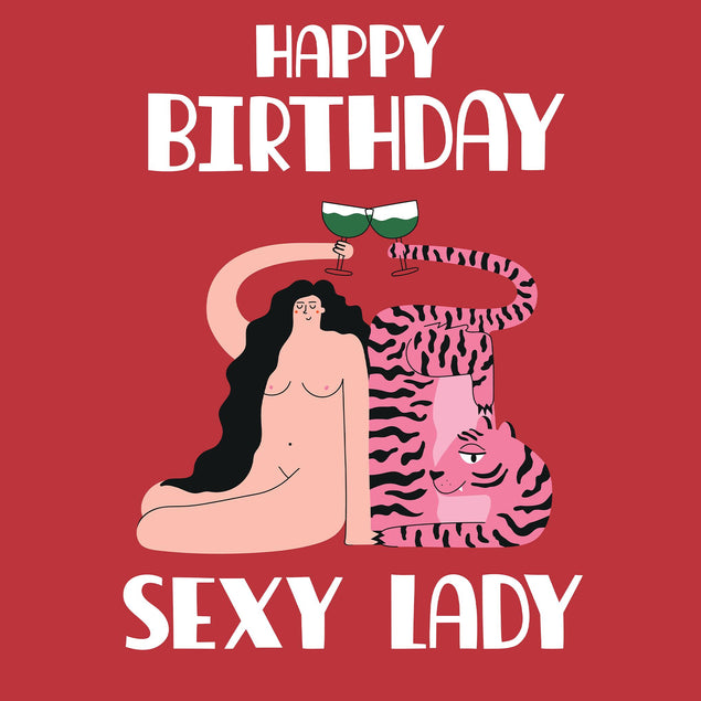 Tiger And Woman Red Wine Birthday Confetti-exploding Greetings Card