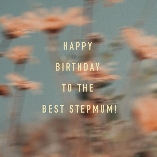 Happy Birthday Stepmum Blurry Dasies Pink Confetti-exploding Greetings Card