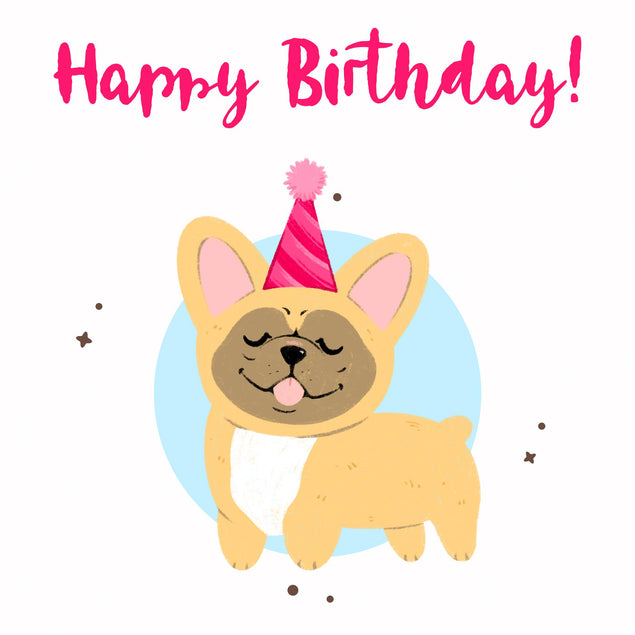 Festive Frenchie In Pink Party Hat Happy Birthday Confetti-exploding Greetings Card
