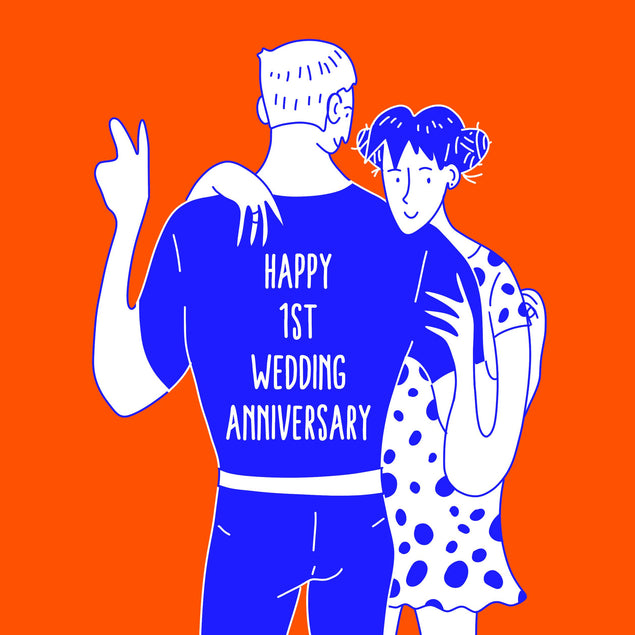 Happy 1st Wedding Anniversary Hugging Couple Confetti-exploding Greetings Card