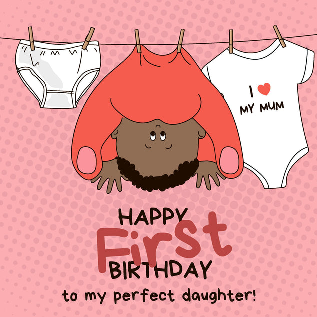 Hanging Baby In Pink Happy 1st Birthday Daughter Confetti-exploding Greetings Card