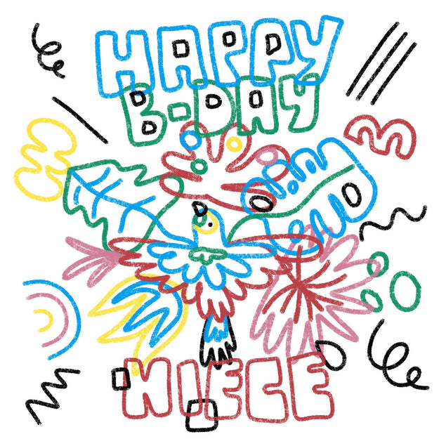 Happy Birthday Niece Crayon Tropical Leaves And Parrot Confetti-exploding Greetings Card