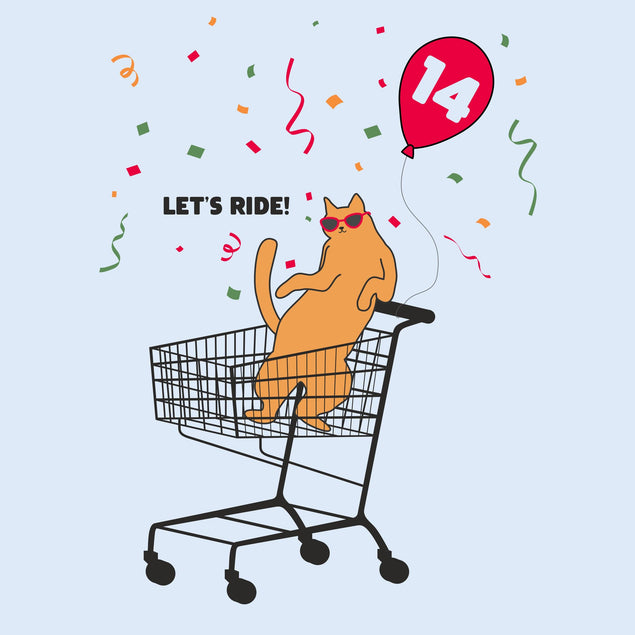 Let's Ride With Cat Happy 14th Birthday Confetti-exploding Greetings Card