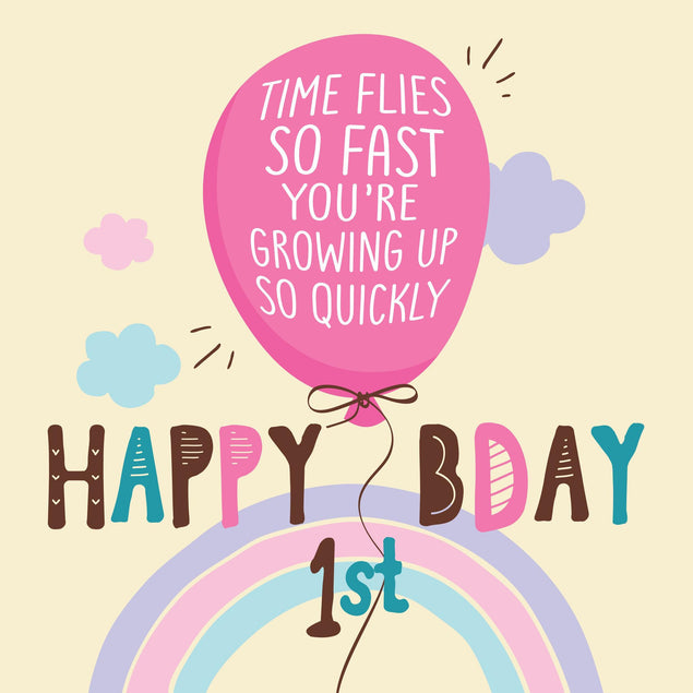 Happy 1st Birthday Pink Balloon And Rainbow Confetti-exploding Greetings Card