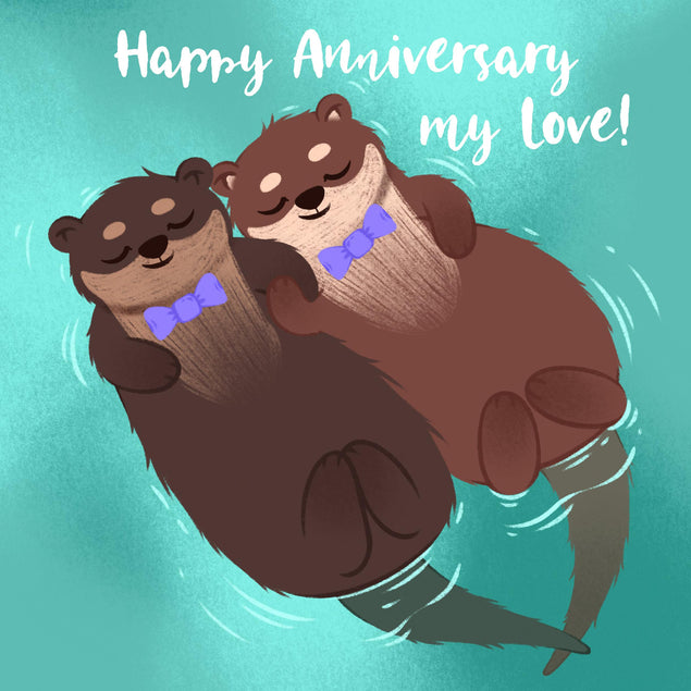 Happy Anniversary Otter Couple With Bow-Ties Confetti-exploding Greetings Card