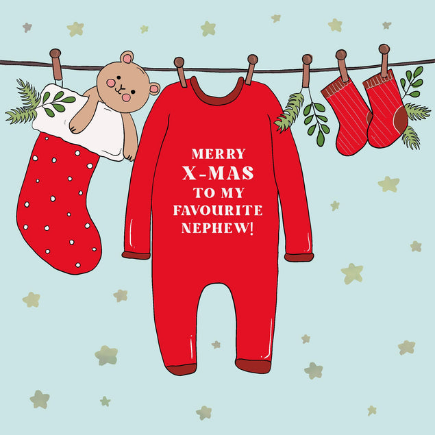 Merry First Christmas My Favourite Nephew Red Baby Clothes Confetti-exploding Greetings Card