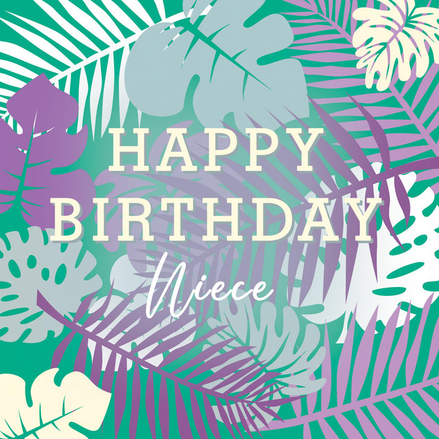 Happy Birthday Niece Aquamarine Tropical Leaves Confetti-exploding Greetings Card