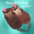 Happy Anniversary Otter Couple With Flowers Confetti-exploding Greetings Card