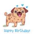 Blue Cute Pug Happy Birthday Confetti-exploding Greetings Card