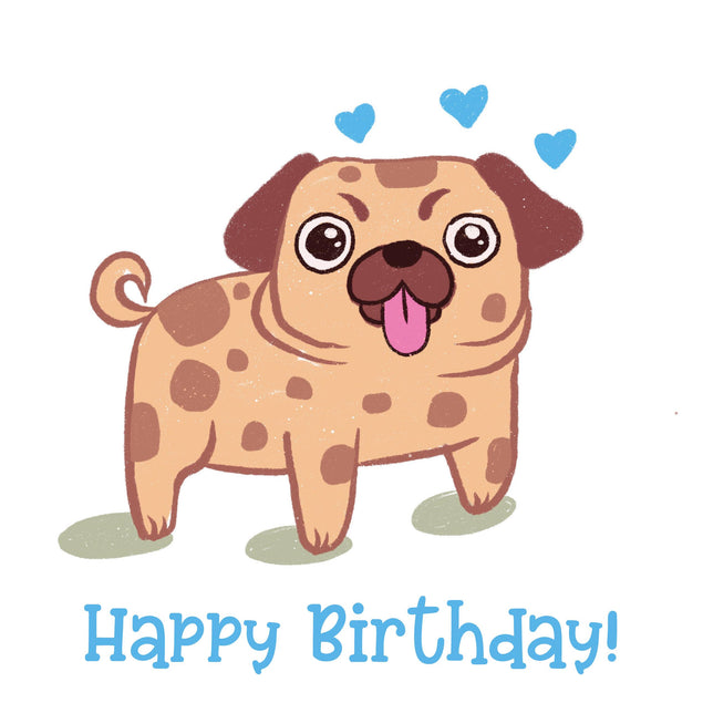 Blue Cute Pug Happy Birthday Confetti-exploding Greetings Card