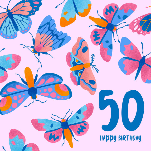 50th Exploding Delicate Pink Butterfly 50th Birthday Confetti-exploding Greetings Car ...
